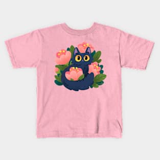 Cat with pink flowers Kids T-Shirt